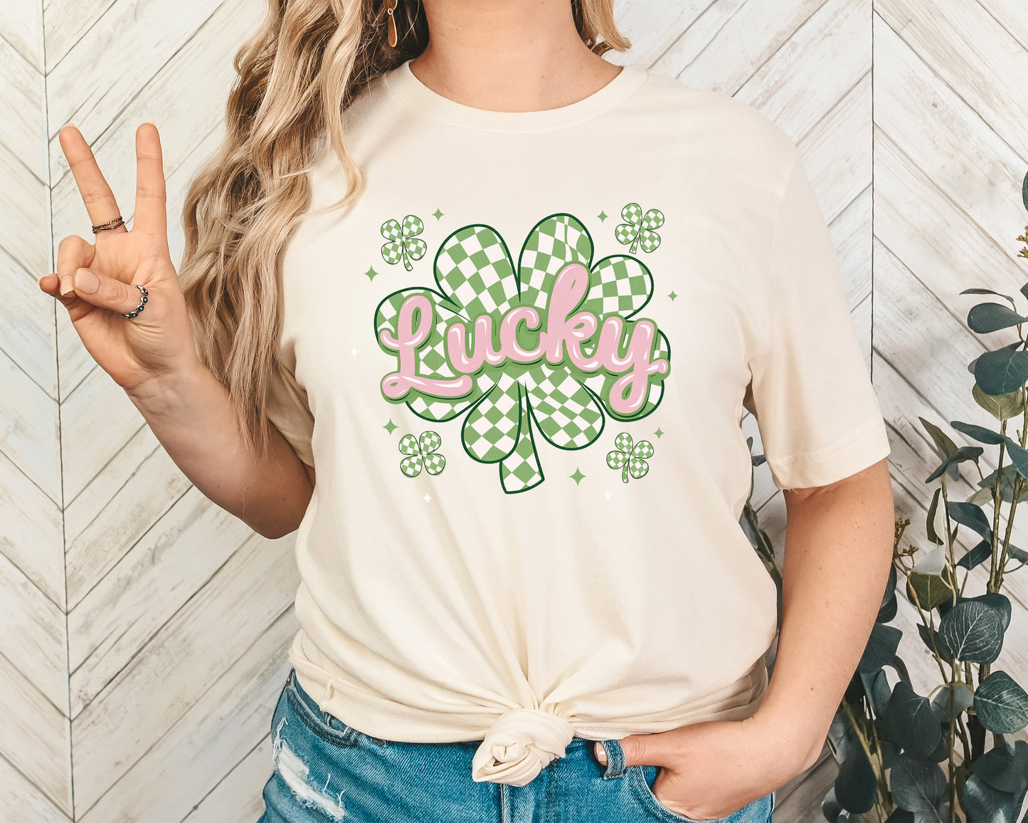 Checkered Lucky Shamrock Adult Shirt- St. Patrick 199
