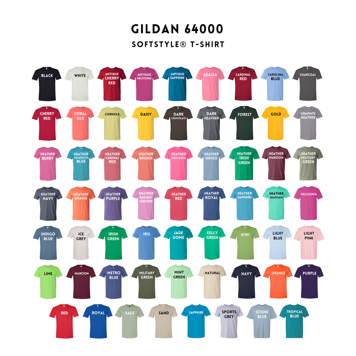 a grid of various t-shirt colors, including black, white, red, pink, blue, green, dark blue, gold, coral, dary, forest, and more.