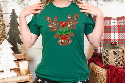 Reindeer With Hat Faux Embroidery Adult Shirt- Christmas 1503