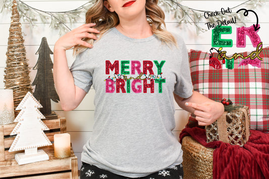 Merry and Bright Faux Embroidery Adult Shirt-Christmas 1520