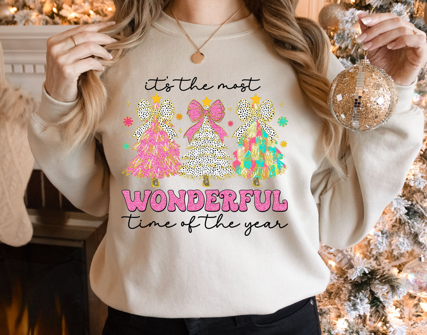 Most Wonderful Time Coquette Christmas Tree Adult Sweatshirt- Christmas 1539