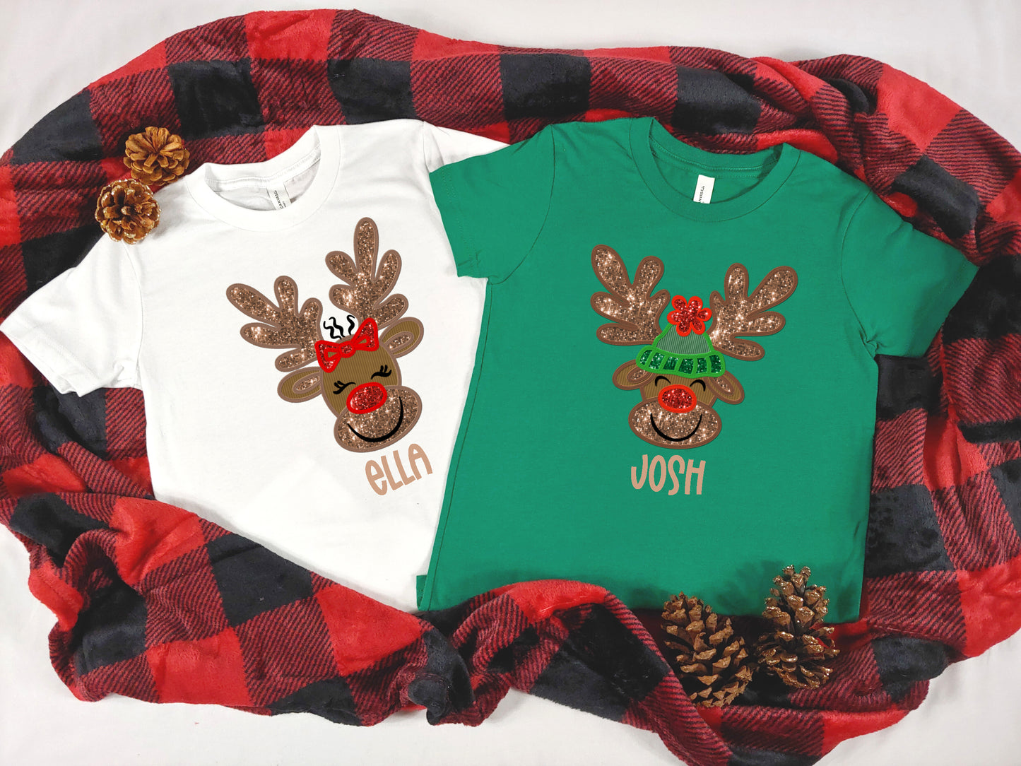 Faux Embroidered Personalized Reindeer Kids Shirt