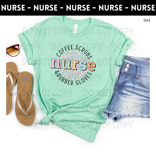 Leopard Coffee, Scrubs and Rubber Gloves Adult Shirt- Nursing 148