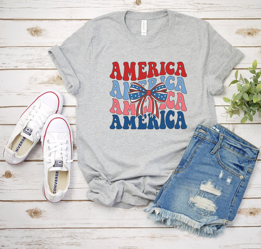 America With Bow Adult Shirt-Patriotic 313