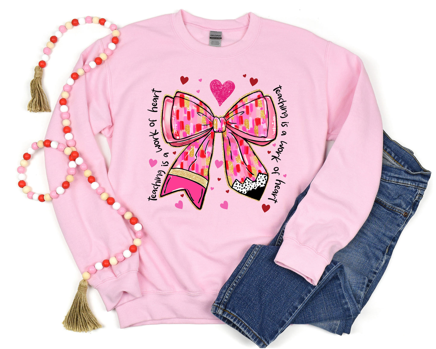 Teacher Pencil Bow Adult Sweatshirt- Valentine 577